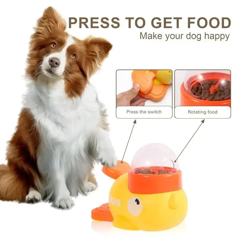 Juguete interactivo 2 en 1 para perros, dispensador automático de golosinas con diseño de pato de dibujos animados, comedero lento para mascotas, para entrenamiento canino.