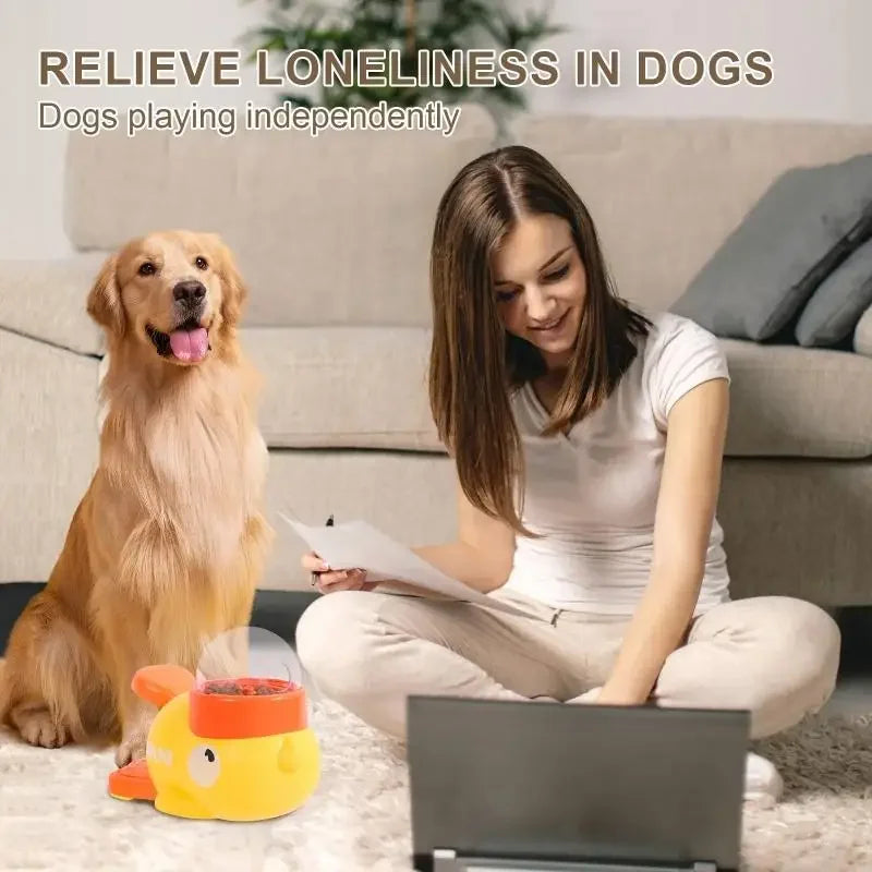 Juguete interactivo 2 en 1 para perros, dispensador automático de golosinas con diseño de pato de dibujos animados, comedero lento para mascotas, para entrenamiento canino.